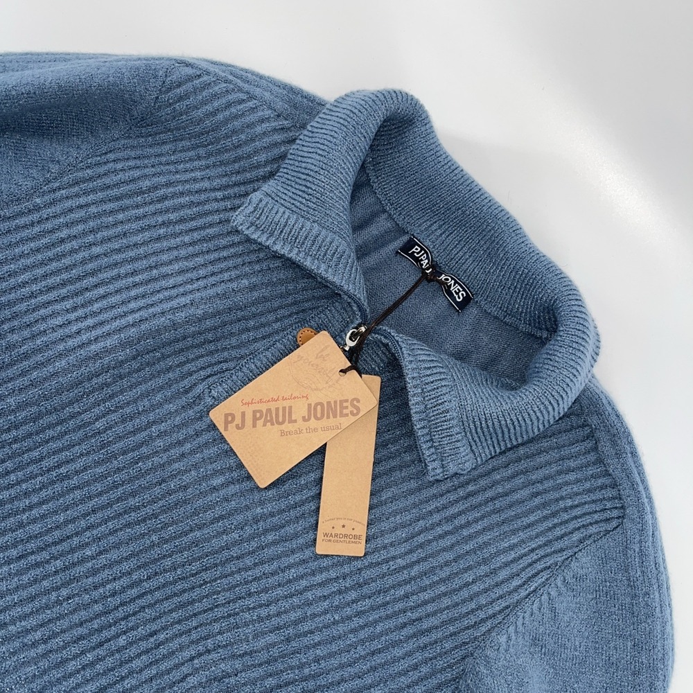 NWT PJ Paul Jones Men's‎ Quarter Zip Sweater Blue Ribbed Knit Pullover Size L